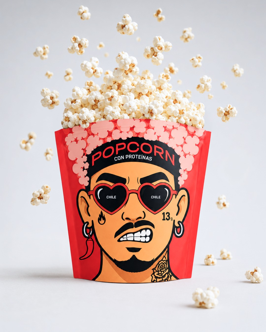 Protein Popcorn, character-based packaging design concept for a protein snack