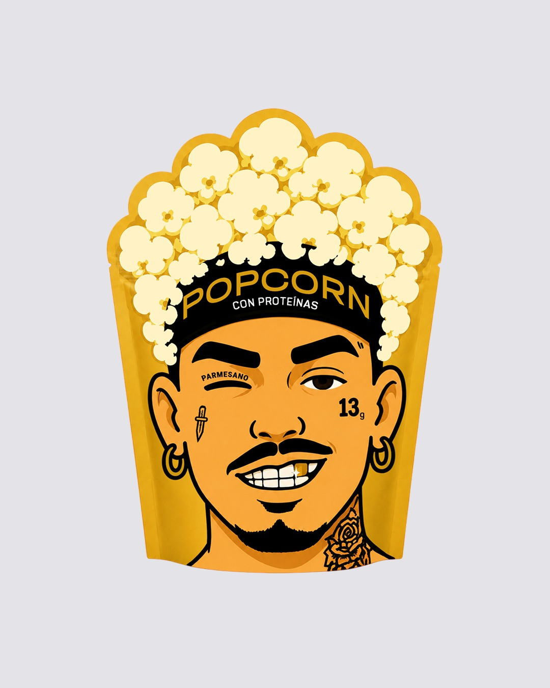 Protein Popcorn, character-based packaging design concept for a protein snack