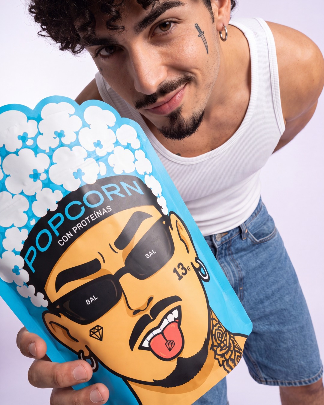 Protein Popcorn, character-based packaging design concept for a protein snack