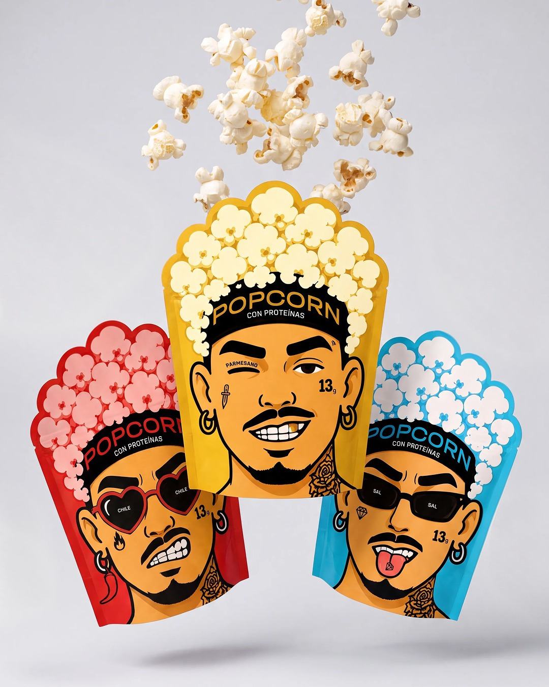 Protein Popcorn, character-based packaging design concept for a protein snack
