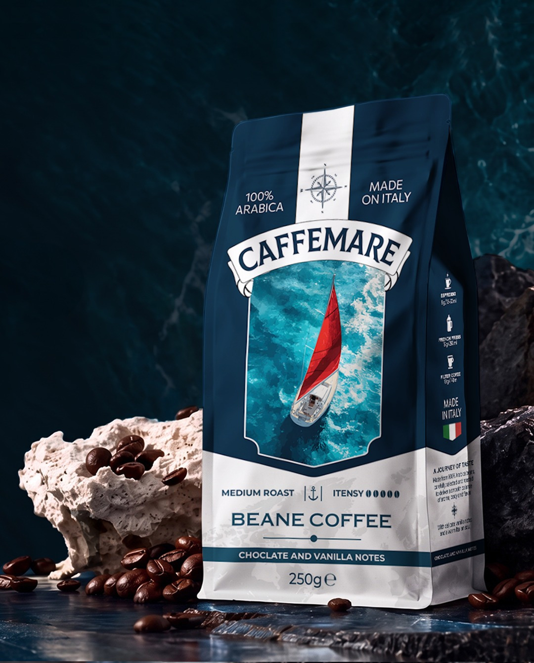 CAFFEMARE is a coffee packaging design concept inspired by the sea, travel, and the atmosphere of the Italian coast.
