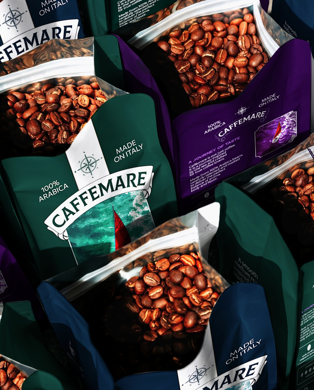 CAFFEMARE is a coffee packaging design concept inspired by the sea, travel, and the atmosphere of the Italian coast.