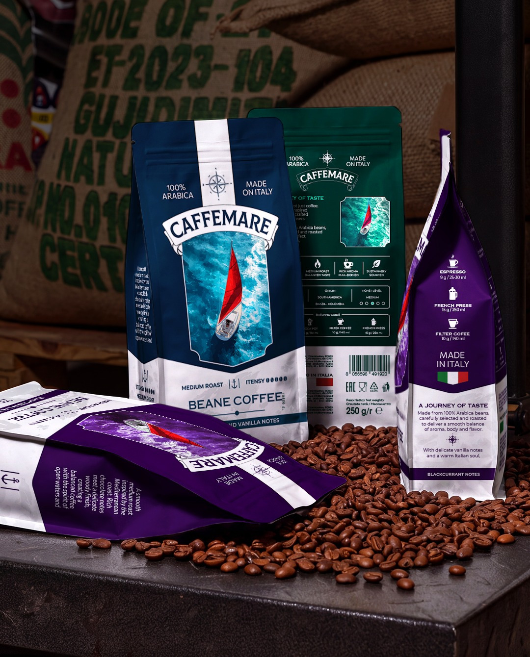 CAFFEMARE is a coffee packaging design concept inspired by the sea, travel, and the atmosphere of the Italian coast.