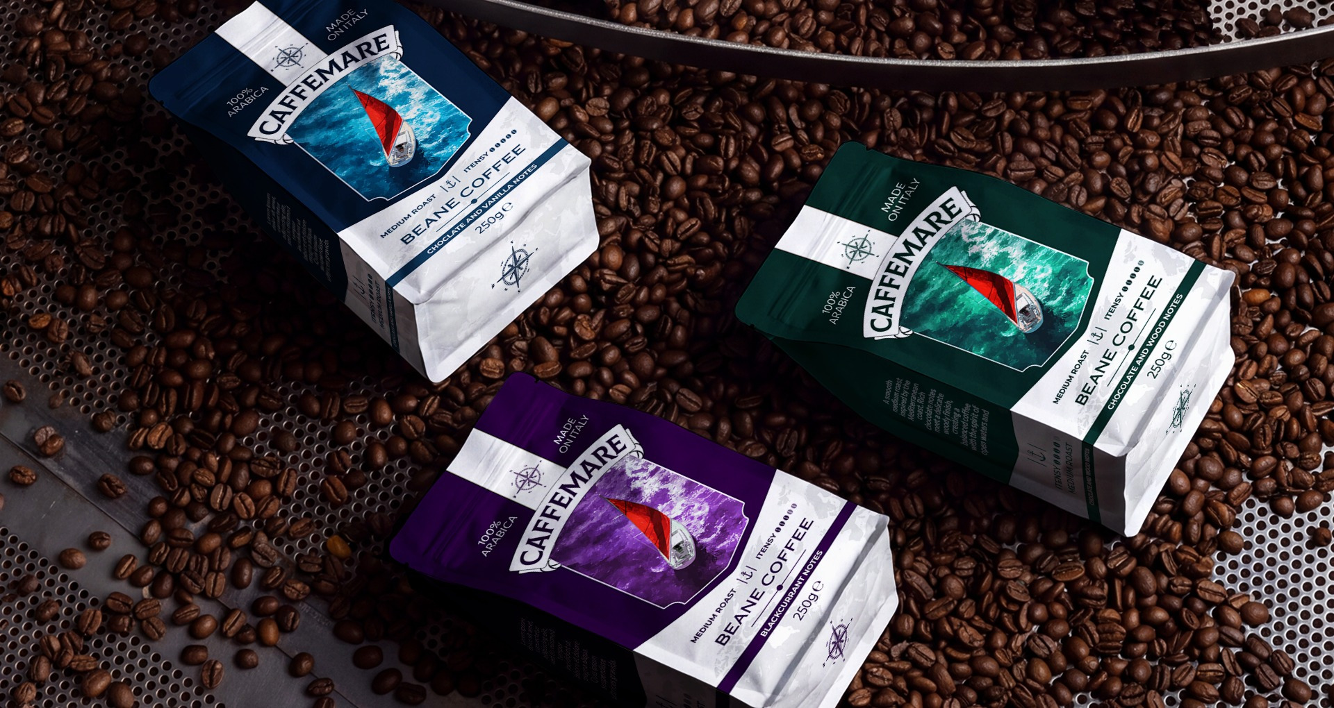 CAFFEMARE is a coffee packaging design concept inspired by the sea, travel, and the atmosphere of the Italian coast.