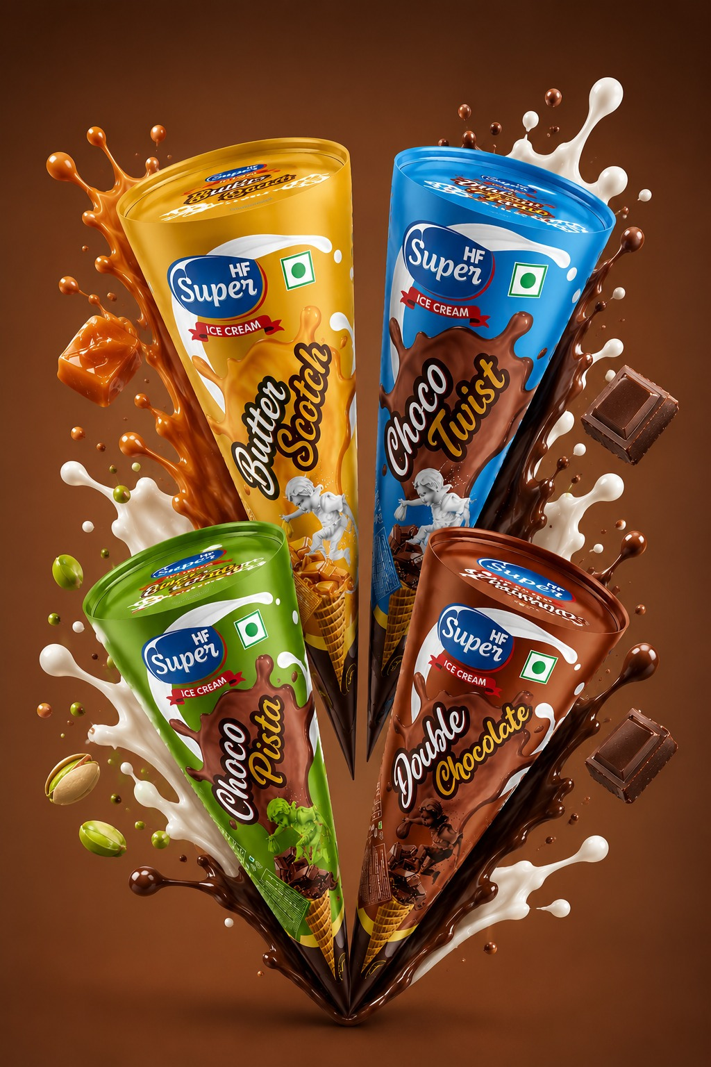 HF Super Ice Cream Packaging Design – Choco Twist & Butterscotch